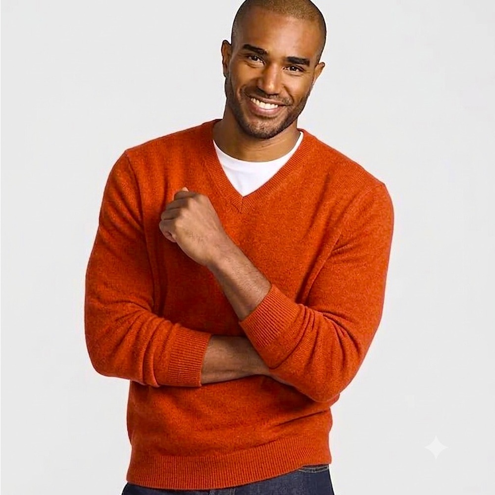 Lands’ End 100% Cashmere Men’s V-neck Sweater Rust Terracotta Orange Size M